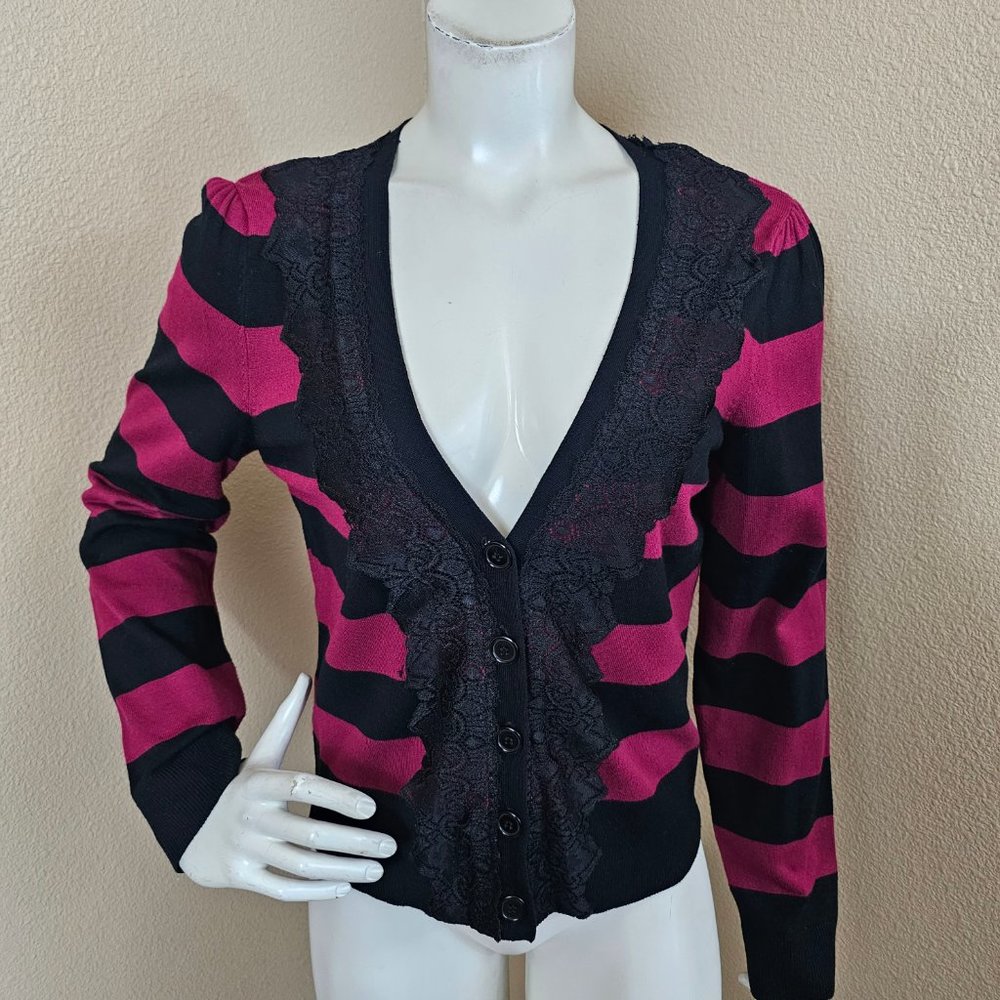 I-N-C International Concepts Striped Lace Trim V-neck Button Front Cardigan~XL
